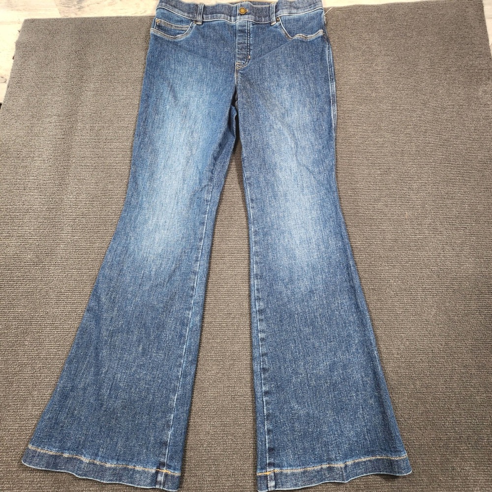 Spanx Flare Jeans Women XL Blue High Rise Pull On Wide Leg Denim Boho